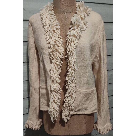 100% Wool Cardigan Sweater Off White Fringed Small Clothes by Revue - Picture 2 of 8